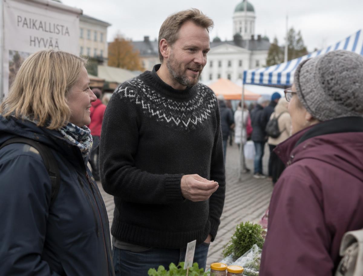 Demoehdokas keskustelee ihmisten kanssa torilla